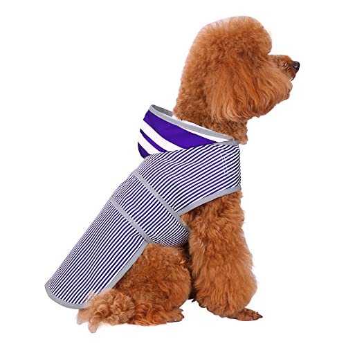Dog Raincoat for Medium Dogs Puppies Waterproof Jacket Hooded Rain Coats with Reflective Strips Leash Hole & Poncho Adjustable Fit (Blue white Stripes / Medium)