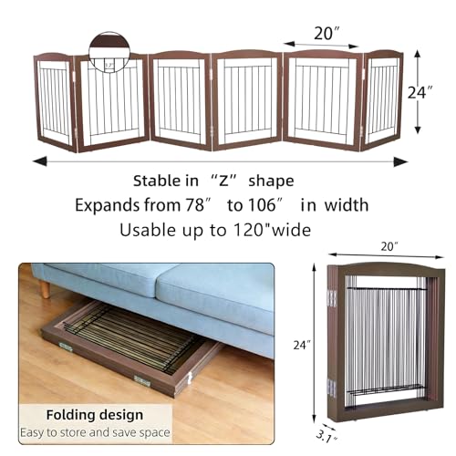 Freestanding Foldable Dog Gate for House Extra Wide Wooden Brown Puppy Gate Stairs Dog Gates Doorways Tall Pet Gate 24 "Height 6 Panels Pet Fence (Brown / 【6 Panels】120''w x 24''h)
