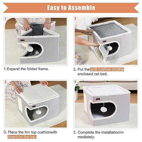 Cat Bed for Indoor Cats Cube House (16.5"D x 16.5"W x 13"H / Grey)