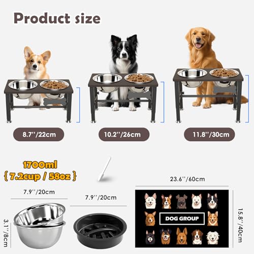 Elevated Dog Bowls with Slow Feeder & Mat for Medium Large Dogs (Coffee-1.7L)
