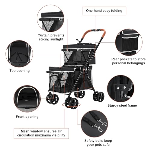 Double Pet Stroller for 2 Dogs & Cats (Black)