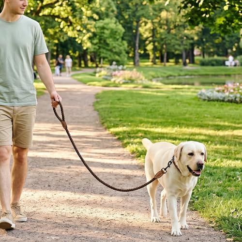 Dog Leash Braided Cotton Rope with Leather (Dark Brown / 60 Inch-1/2")