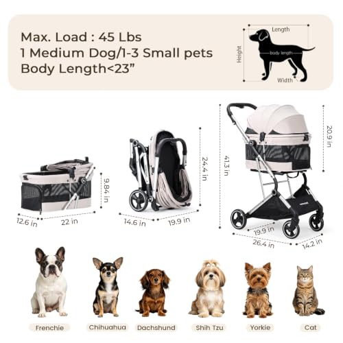 Beberoad Dog Stroller T4 PRO for Small Medium Dogs 4 Wheels (Beige & Net Wall)