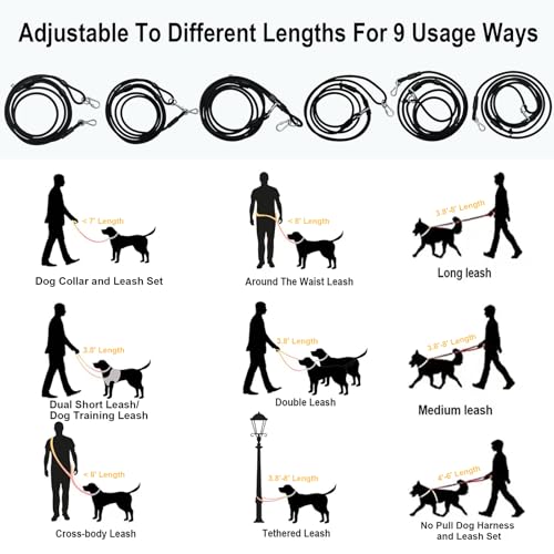 9-in-1 Hands Free Dog Leash Crossbody/Waist Black Large Dogs (Matte Black / Large - 9mm Diameter - 20-120lbs)