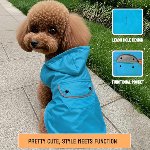 Dog Raincoat Dogs Rain Jacket Reflective Poncho Rainwear Waterproof Pet Clothes Breathable Lined Pocket Hooded Leash Hole Adjustable Small Medium Dogs (Blue / L:Back Length 12.8")