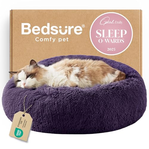 Calming Cat Beds Donut Round Washable Kitten Bed (20"L x 20"W x 6"Th / Indigo Purple)