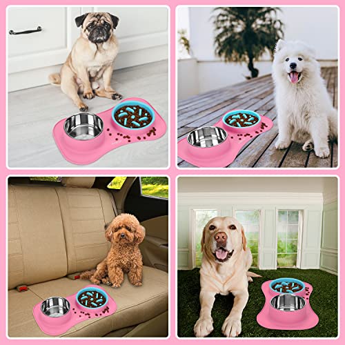 Slow Feeder Dog Bowls 3 in 1 Stainless Steel Food Water Bowl to Slow Eating (Small ＆ Medium Breed / Pink)