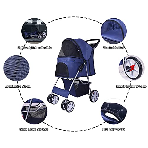 Pet Stroller 4 Wheels Multifunction Dog Cat Stroller (Navy)