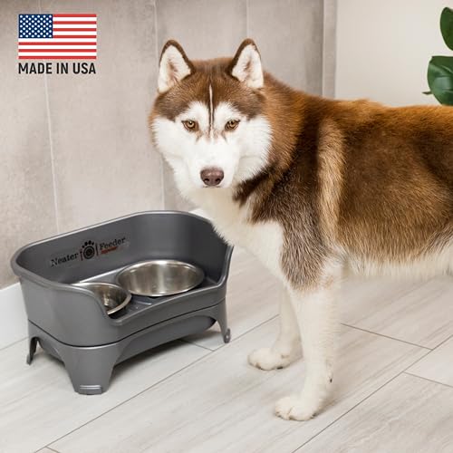 Express Mess Proof Dog Bowls Elevated for Medium and Large Breed (Medium to Large w/ 9 Peak Slow Feed Bowl / Gunmetal Grey)