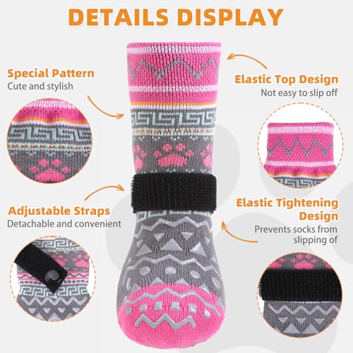 Dog Socks to Prevent Licking Paws for Hardwood Floors Anti Slip (Pink Ornamentation / Small/Medium (4 Pack))