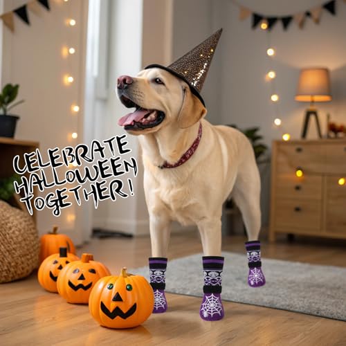 Halloween Anti Slip Dog Socks to Prevent Licking Paws (Small (4 Count) / Halloween Purple)