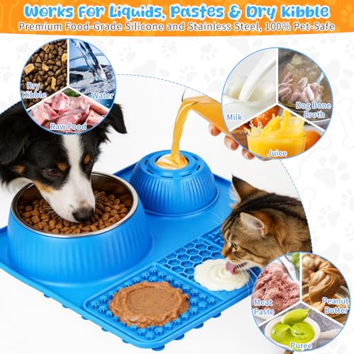 Slow Feeder Dog Bowl with Lick Mat & Interactive Rolling Ball (Light-Blue)