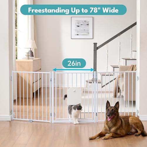 Freestanding Dog Gate with Cat Door for Indoor & Outdoor (White / 【3 Panels with Cat Door】30''Tall, 78" Wide)
