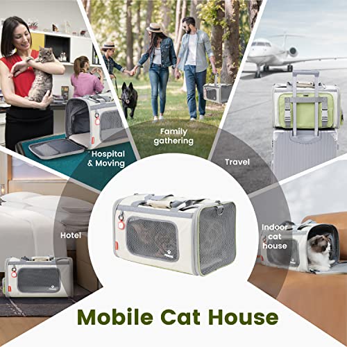 Cat Carrier Airline Approved Expandable Breathable Safety Leash (Beige and Tea Green)