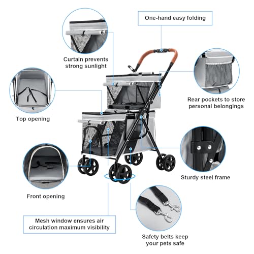 Double Pet Stroller for 2 Dogs & Cats (Gray)