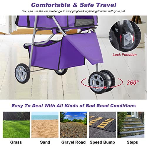 3 Wheel Foldable Pet Stroller (Purple / 3 Wheels)