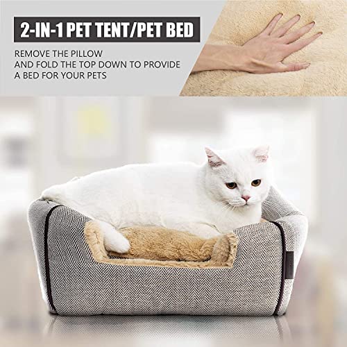 Cat Bed Cat Cave House Tent with Washable Cushioned Pillow (Beige / L(17.5 x 17.5 x 17.5 Inch))