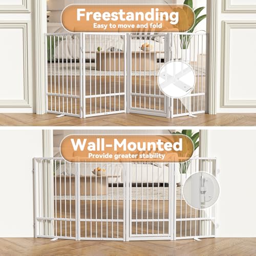 Full Metal Freestanding Dog Gate with Door (【4 Panels】80"W*36H" / White)