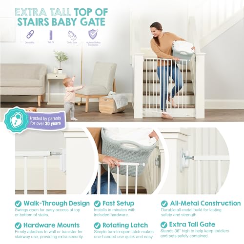 Safety 36" Extra Tall Baby Gate for Top of Stairs & Dooways (White / 24-40.5"W x 36"H)