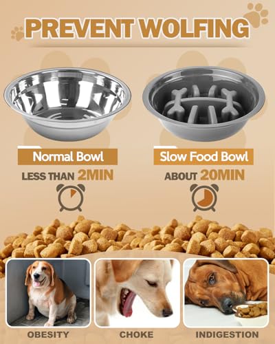 Elevated Dog Bowls for Medium Large Dogs with Mat (for Medium Large Dogs 1 Basic&1Slow Bowl with Mat / Light Borwn Grey)
