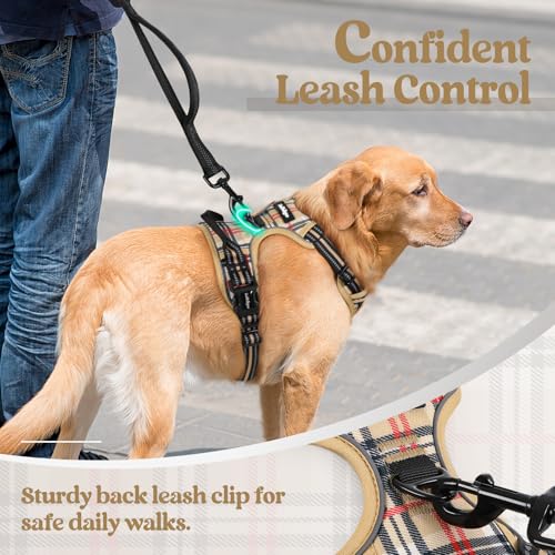Dog Harness No Pull for Large Dogs with 2 Leash Clips (Large / Beige Plaid)