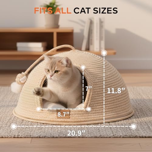 Cat Cave Bed with Washable Cushion and Ball (White)