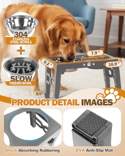 Elevated Dog Bowls for Medium Large Dogs with Mat (for Medium Large Dogs 1 Basic&1Slow Bowl with Mat / Grey)