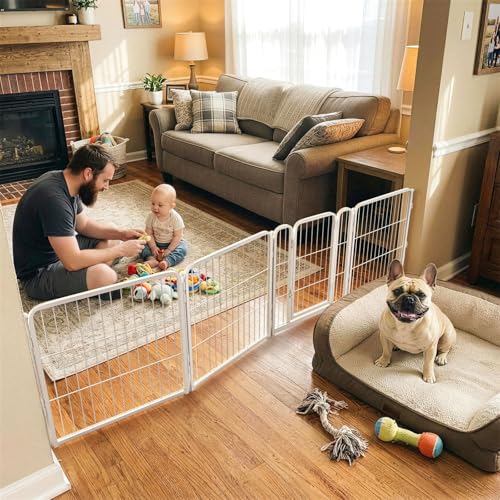 Dog Gate Extra Wide Adjustable for Openings Up to 92" (White / Up to 92" W【3 Panels + 1 Door】 / 24"H)