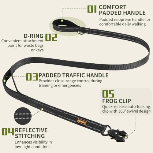 6FT Tactical Heavy Duty Dog Leash No Pull with 2 Padded Handles (Black / 6FT)