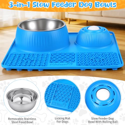 Slow Feeder Dog Bowl with Lick Mat & Interactive Rolling Ball (Light-Blue)