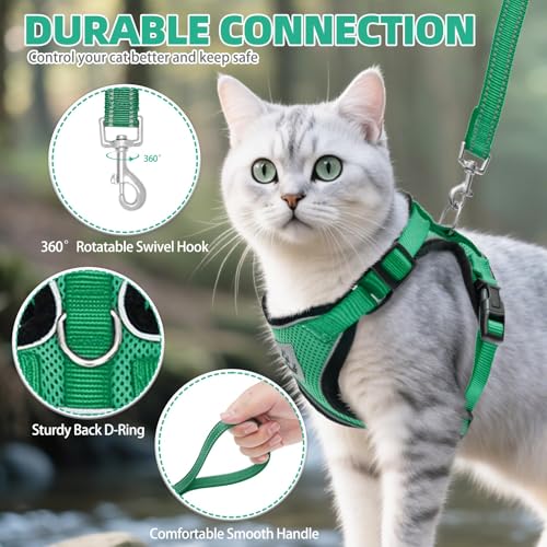 Cat Harness and Leash Set Escape Proof Reflective Cat Walking Harness Adjustable Soft Breathable Mesh Vest for Small Pets (XS (NECK 8.5", CHEST 11"-14") / Dark Green)