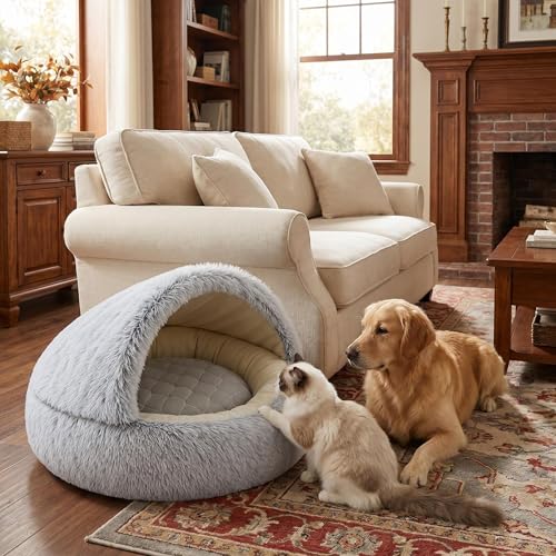 2-in-1 Convertible Cat & Dog Bed Cave with Removable Zipper Hood, Converts to Calming Donut Bed, Reversible Plush & Cooling Ice Silk Cushion (Grey, 28 in Large Size) (Grey / 28 in Large Size)