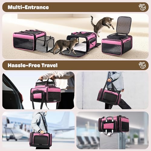 Top and 2 Sides Expandable Cat Carrier 18x13.5x9.5 TSA Airline Approved (Pink / 18.0"L x 13.5"W x 9.5"H)