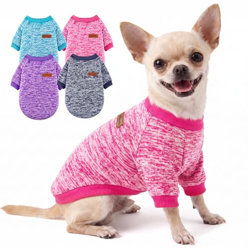 4 Pack Dog Sweaters for Small Dogs Girl Boy Winter Fleece Clothes Warm Soft Dog Sweatshirt Outfit for Dogs Cats Pet Apparel (Rose red+Bright Blue+Navy Blue+Purple / X-Small)