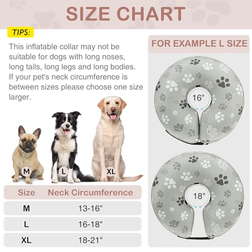 Dog Cone Alternative After Surgery Donut Collar Soft (Grey Footprints / L(Neck 16"-18"))
