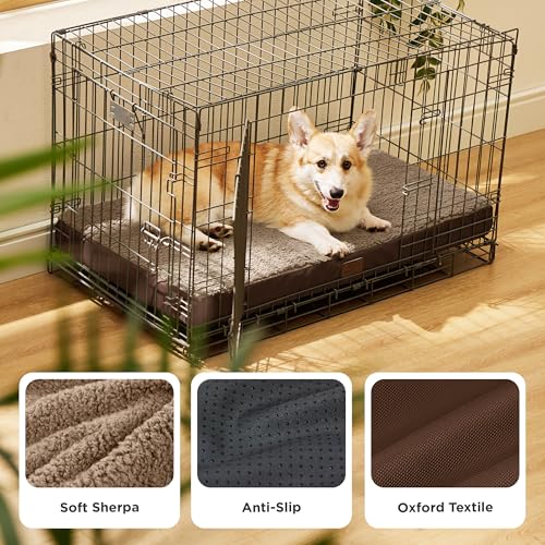 Washable Dog Crate Bed for Large Size with Comfy Sherpa (35"L x 22"W x 3"Th / Brown)