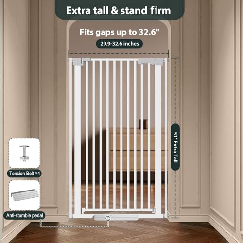 51'' Extra Tall Cat Gate Barrier for Doorways Hallways (White-51"tall / 30''-32.6''Wide)