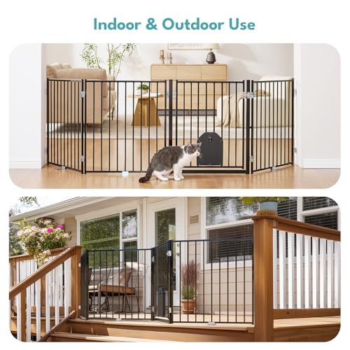 Freestanding Dog Gate with Cat Door for Indoor & Outdoor (Black / 【4 Panels with Cat Door】30''Tall, 104" Wide)