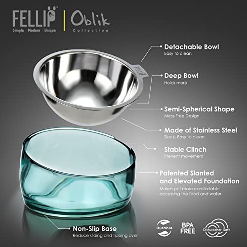Pet Oblik Acrylic Raised Dog Food Water Bowl Stainless Steel Slanted Oval Dish for Short Leg Puppy & Small Medium Pet (Classic / 1.5 Cups Oval Dish)