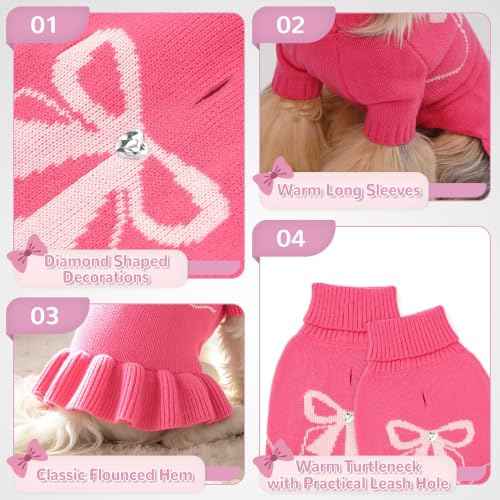 Bowknot Dog Sweater Dress for Small Dogs Girl (X-Large (21-28lbs) / Rose Pink)