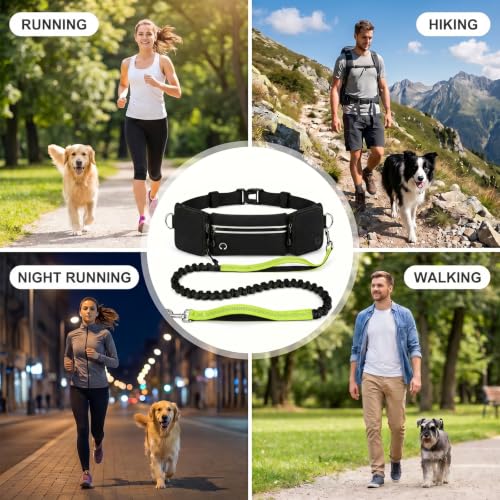 Hands Free Dog Leash 3 Zipper Pounchs with Reflective Strips Poop Bag Dispenser (Green)