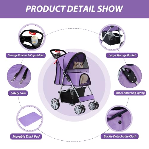Foldable 4 Wheel Pet Stroller for Dogs Cats 10 (Purple)