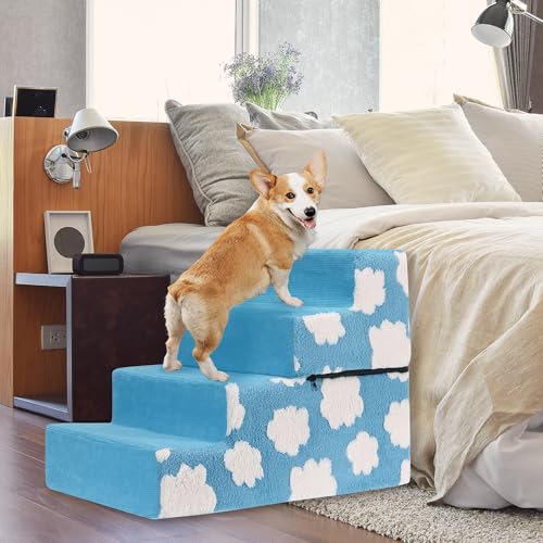 Pet Stairs for Small Dog Stairs for Sofa and Bed High Density Foam Stairs Pet Ladder with Removable Washable Cover Non (4 Steps Blue)