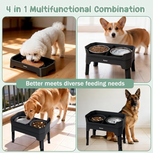 4 in 1 Adjustable Elevated Dog Bowls with 2*Stainless Steel Bowls (Black)