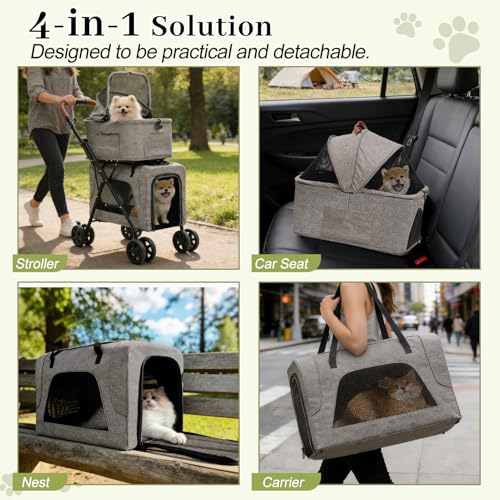 Double Pet Stroller with Detachable Carriers (Double-Grey)