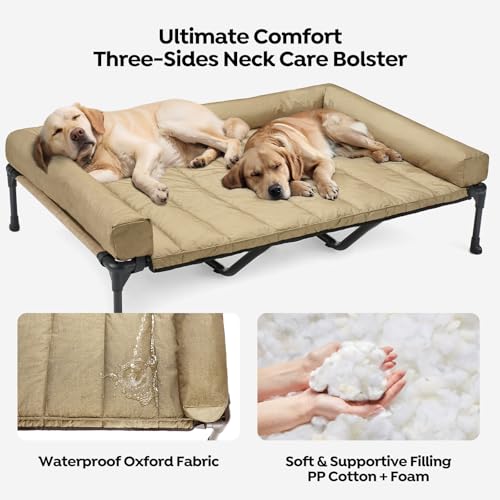 Outdoor Elevated Dog Bed with Waterproof Bolster Cushion (Beige Coffee / 59.0"L x 37.5"W x 9.0"Th)