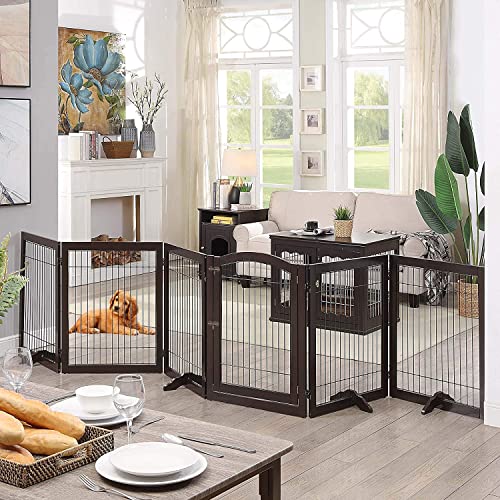 144" Extra Wide Dog Gate and Pet Playpen with Walk Through Door (Espresso / 144"W×31.5"H)