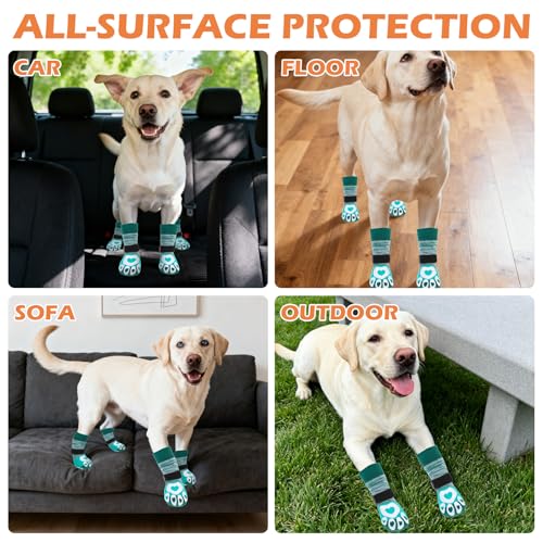 Dog Socks to Prevent Licking Paws with Grippers for Hardwood Floors Anti Slip (Green / Large)