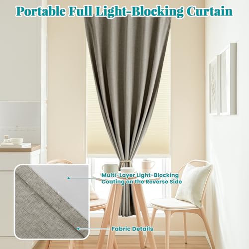 100% Blackout Self Adhesive Portable Curtains for Bedroom Easy to Install Window Thermal Lnsulated Kitchen Room Darkening Small Window Curtains (35"W x 80"L (Pack of 1) / Light Brown)