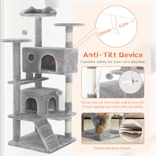 54 Inch Cat Tree Tower with Natural Sisal Scratching Post (Light Grey / 53.95IN)
